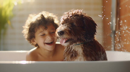 Cute little boy sitting in the bathub with his dog during bath time at home.