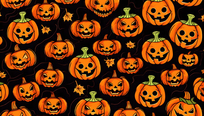Scary october holiday background in hand drawn style. Spooky autumn party wallpaper print creepy smiling pumpkin texture art.
Halloween jack o lantern cartoon seamless pattern generative AI