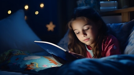 Cute little girl reading book in bed at night before going to sleep - obrazy, fototapety, plakaty
