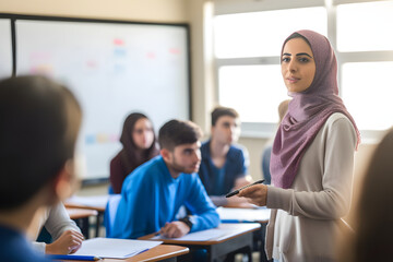 Obraz na płótnie Canvas Female hijab muslim teacher teaching lesson pointing at whiteboard, education activities in classroom at school