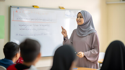 Female hijab muslim teacher teaching lesson pointing at whiteboard, education activities in classroom at school