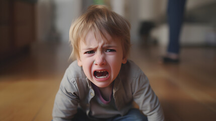 Portrait of crying little girl crying and shouting with tantrum at home