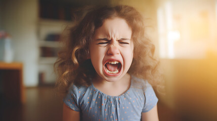 Portrait of crying little girl crying and shouting with tantrum at home - obrazy, fototapety, plakaty