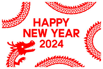 赤い龍のフレームとHAPPY NEW YEAR 2024の文字が入った辰年の年賀状テンプレート