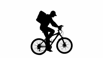 Black silhouette of deliveryman with portable refrigerator looking something on smartphone riding a bicycle, isolated on white background alpha channel.