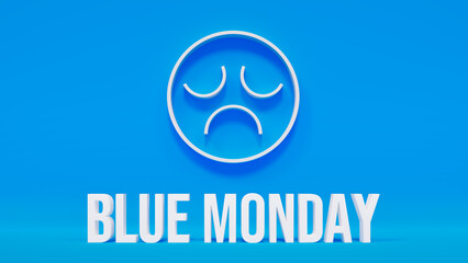 Blue stage with blue monday text below sad face icon, sadness and depression theme