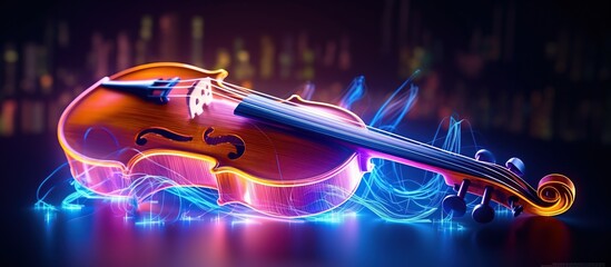 musical notes and sound waves over sound violin musical instrument with neon colors - obrazy, fototapety, plakaty