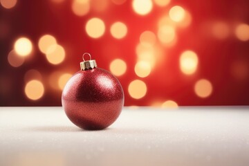 Christmas ball is sitting on a white table with a red Christmas light background, with copy space for text