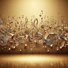 metallic gold musical notes and instruments in brushed steel - obrazy, fototapety, plakaty