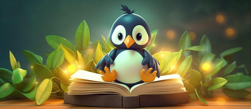 penguin reading a book cute cartoon leaves background