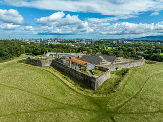 Aerial view of Dublin Magazine Fort in Phoenix park in Ireland with moat cloudy blue sky