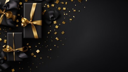 Black friday sale concept. Black gifts on dark background with copy space for text.
