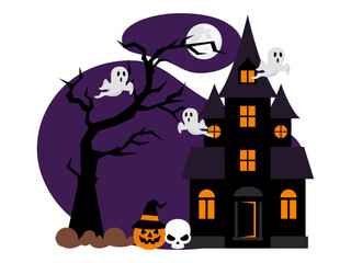 Halloween night illustration. Halloween vector illustration. Halloween scary house with moon, ghost, pupmkin with witch hat and skull vector illustration.