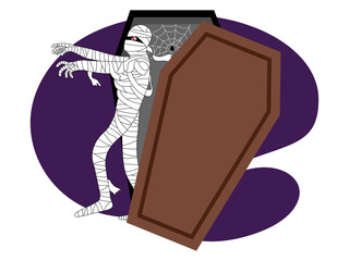 Halloween night illustration. Halloween vector illustration. Halloween party with mummy costume out of the coffin illustration.