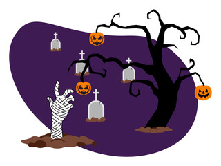 Halloween night illustration. Halloween vector illustration. Scary tree, mummy hand, pupmkin and cemetery vector illustration.