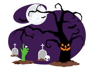 Halloween night illustration. Halloween vector illustration. Scary tree with moon, skull, cemetery and zombie vector illustration.