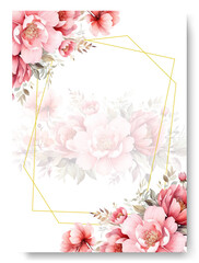 Watercolor blush pink border wedding invitation card template set with peony floral decoration.