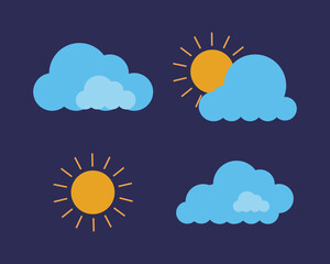 Set of weather icons. Vector illustration in flat style. Isolated on blue background.