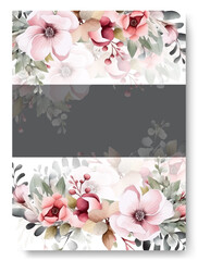 Border wedding invitation card background with soft pink chrysanthemum flower and botanical leaves