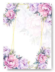 Border wedding invitation card template design, purple pink peony flower decorated on line frame on white