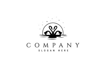 logo of a pair of swans meeting forming love in silhouette against a sunset background decorated with several stars