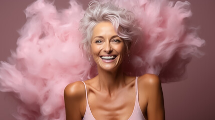 Photo portrait of attractive elderly woman touch head hairdress shampoo dressed stylish white lingerie isolated on pink color background. Ai Generate - obrazy, fototapety, plakaty