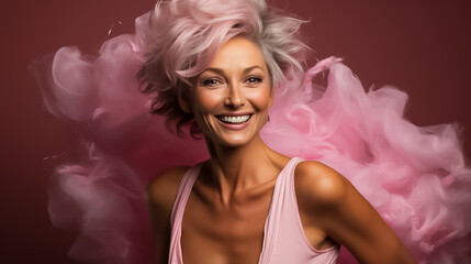 Photo portrait of attractive elderly woman touch head hairdress shampoo dressed stylish white lingerie isolated on pink color background. Ai Generate - obrazy, fototapety, plakaty