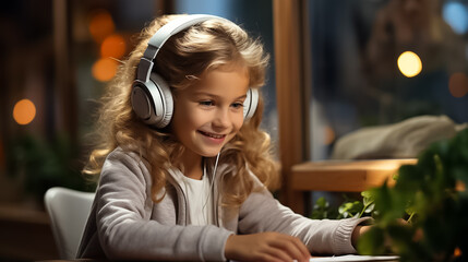 School child studying homework during online lesson at home by laptop with headphones, online education and tutoring concept. Ai Generate - obrazy, fototapety, plakaty