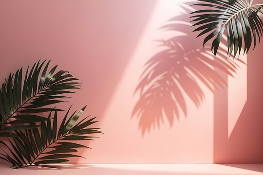 Blurred shadow from palm leaves on the pink wall. Minimal abstract background