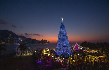 Beautiful dusk at West Kowloon Cultural District on Christmas Holiday, Hong Kong - obrazy, fototapety, plakaty
