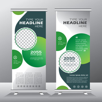 roll up banner design with round shape, green and ash roll up banner design, circle vertical banner template, pull up, welcome and exhibition standees, vector eps 10