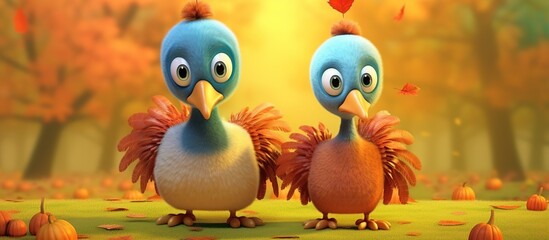 Naklejka premium turkey,and chicken cute cartoon animals leaf background.detail