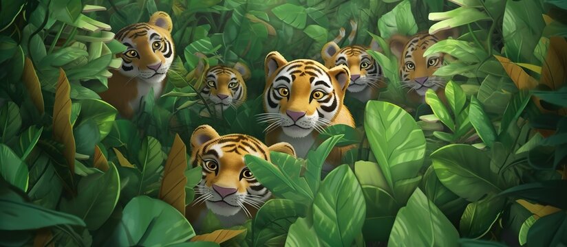 tigers,leaves,jungle cats,cute cartoon animals leaf background.detail