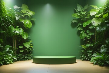 Green podium in tropical forest for product presentation and green wall stage