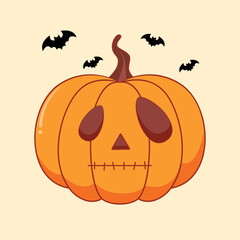 Halloween pumpkin with happy scary on light background. Vector cartoon Illustration.