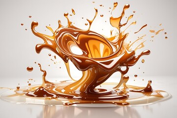 Liquid sweet melted caramel, delicious caramel sauce or maple syrup swirl 3D splash. milk 