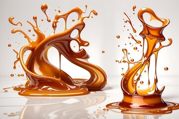 Liquid sweet melted caramel, delicious caramel sauce or maple syrup swirl 3D splash. maple syrup - obrazy, fototapety, plakaty