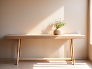 Minimalist Home Decor with Wooden Table Bathed in Warm Sunlight - A Serene Living Space