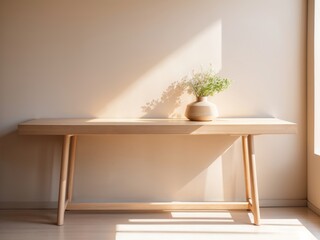 Fototapeta premium Minimalist Home Decor with Wooden Table Bathed in Warm Sunlight - A Serene Living Space