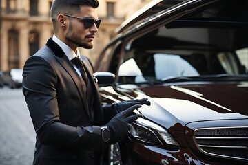 Professional driver near luxury car, closeup. Chauffeur service rich - obrazy, fototapety, plakaty