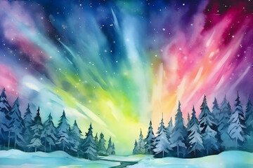 Aurora Borealis view watercolor art style