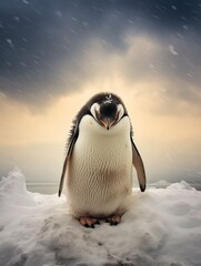 Penguin illustration background, penguin dancing snow in sunset background, Generative Ai 