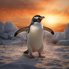 Penguin illustration background, penguin dancing snow in sunset background, Generative Ai 
