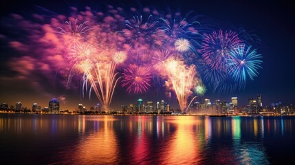Fototapeta premium Colorful fireworks over a city skyline at night. Generative AI.