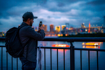 Side view of serious young Hispanic male tourist in jacket and cap with backpack taking photos with smarphone near Odaiba Statue of Liberty and admiring city at night during trip in Tokyo Japan - obrazy, fototapety, plakaty