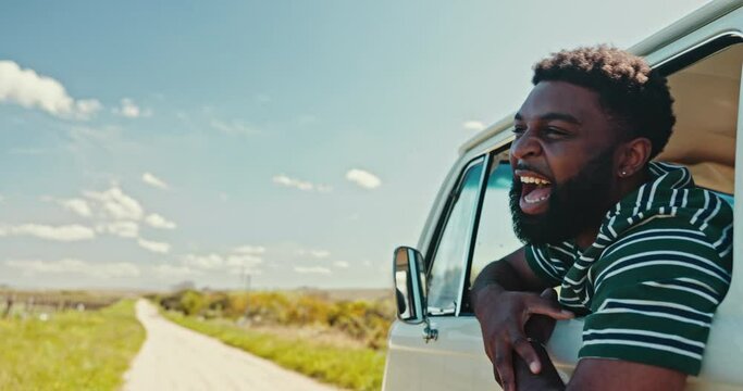 Road trip, excited and man in car for travel, holiday and vacation on drive in countryside road. Nature, window and person in motor vehicle for transport on adventure, freedom and journey outdoors