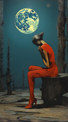 Obraz premium Contemporary art of lonely girl under the moon