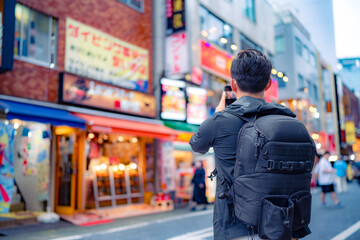 Back view of unrecognizable Hispanic male tourist with backpack taking picture on smartphone in bright Shinjuku neighborhood street of Tokyo city, Japan - obrazy, fototapety, plakaty