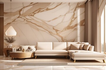 White marble floor tile in brown wall hall, luxury living room with beige corner sofa, side table, wooden stairway in sunlight from floor