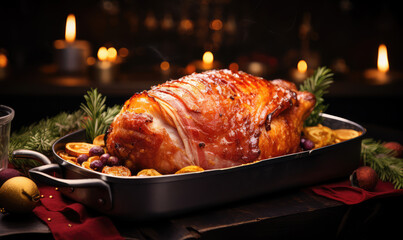 Christmas smoked roast pork ham cut on wooden board with Christmas decoration.